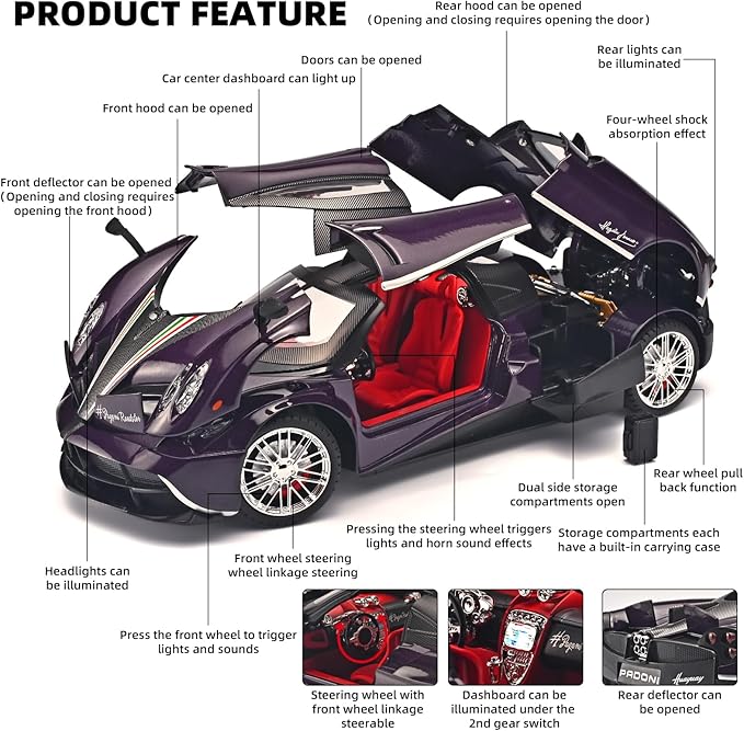 Car Toys for Boys 1 18 Scale Diecast Cars Compatible for Pagani Huayra Dinastia Model Car Kits Collection,Metal Pull Back Cars with Light and Sound,Toy Cars for Boys Age 4-7（Purple）