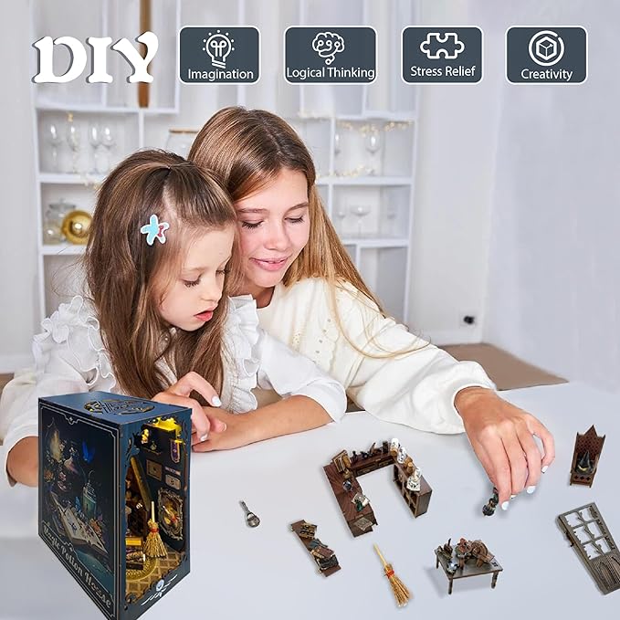 DIY Magic Book Nook Kit Miniature House Kit Tiny House Bookshelf Decor 3D Wood Puzzle Dollhouse for Adults - Magic Potion House (SQ-04)