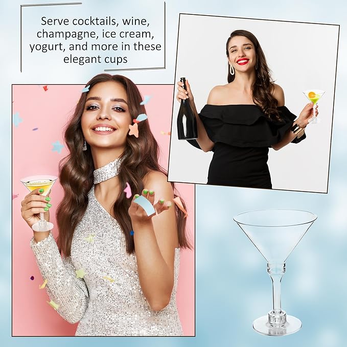 Drayear 50 Pcs Mini Martini Glasses 5 oz Plastic Tall Cocktail Glasses Small Cocktail Stem Glasses for Wine Dessert Ice Cream Birthday Wedding Parties