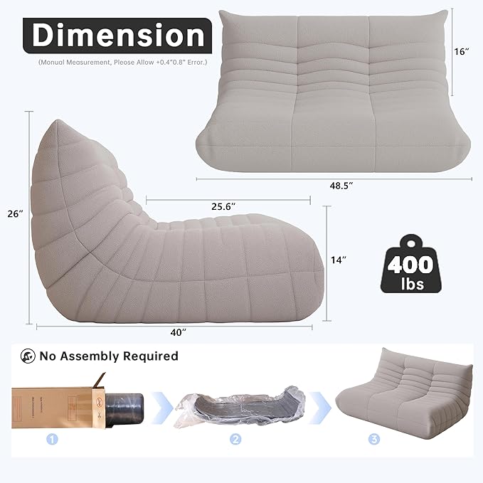 Bean Bag Chairs for Adults, Memory Foam Couch Loveseat Sofa Chair, Soft Teddy Material Cozy Comfy Reading Nook Chairs, Floor Chair for Living Room Bedroom Office(Grey)