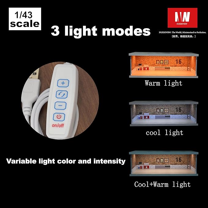 1/43 Diorama Display Case with Tri-Colour Dimmable Lighting, Fits for Hot Wheel Matchbox Mini GT Diecast Cars Model,1:43 Car Garage Parking Lot Scene Display Storage (No.16 Garage)