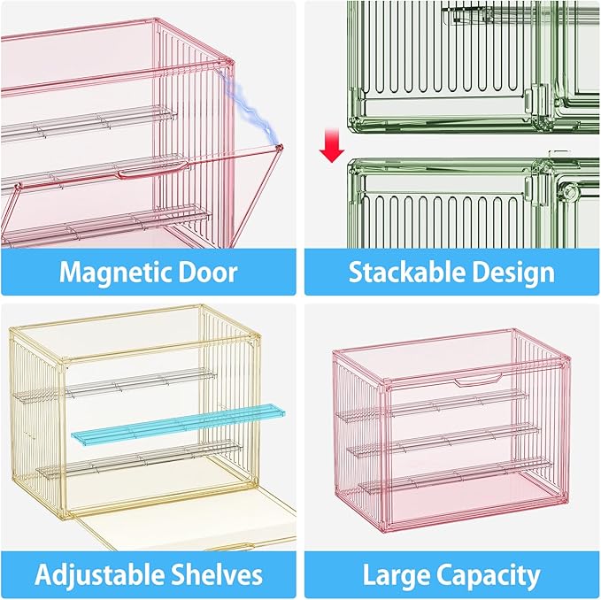Colorful Figure Display Case for Collectibles 4 Layer Hobby Figurine Display Shelf Cases Stackable Display Boxes with Shelves for Pop Mart, Action Figures, Model, 3 Pack