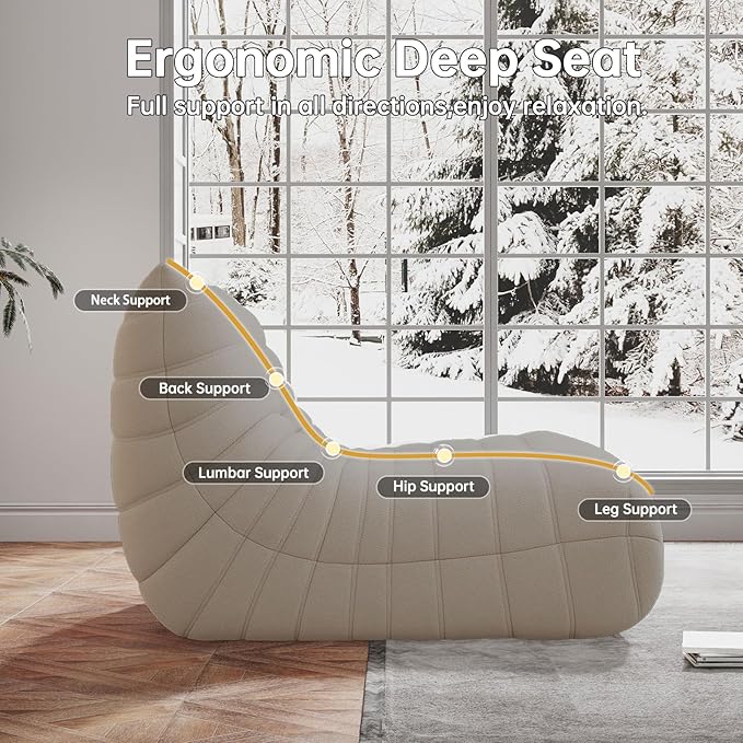 Bean Bag Chairs for Adults, BeanBag Reading Chair Memory Foam Couch 3-Seater, Floor Chair Soft Teddy Material, Comfy Reading Nook Chairs for Bedroom Living Room Office (Grey)