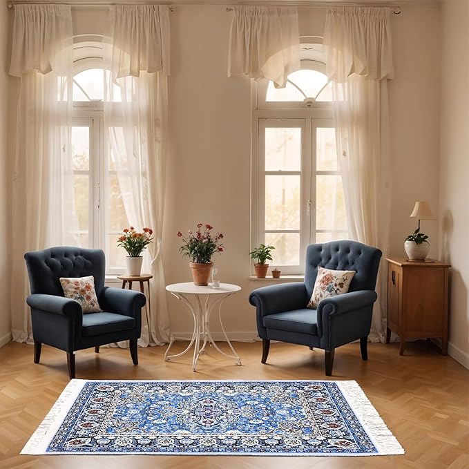 Dollhouse Rug 2Pcs Miniature Accessories, 1:12 Vintage Woven Dollhouse Rugs, Mini Floral Print Carpet for Miniature Furniture Floor Decoration Accessory (Blue, Yellow)