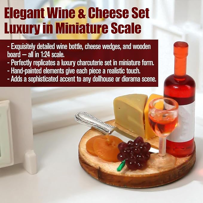 1:24 Mini Wine Decor Scale Dollhouse Miniatures – Miniature Wine Cheese and Board Platter Accessory with Tiny Bread Pastries and Bottle – DIY Micro Food Model for Kitchen Dining Room Scene Decor