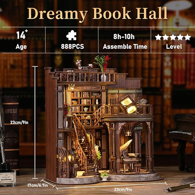 Hallisun DIY Miniature House Kit, Mini 3D Wooden Dreamy Book Hall Building Kit with Furniture and LED, Tiny Diorama Dollhouse Model Set, Handmade House Craft Birthday for Adults Teens