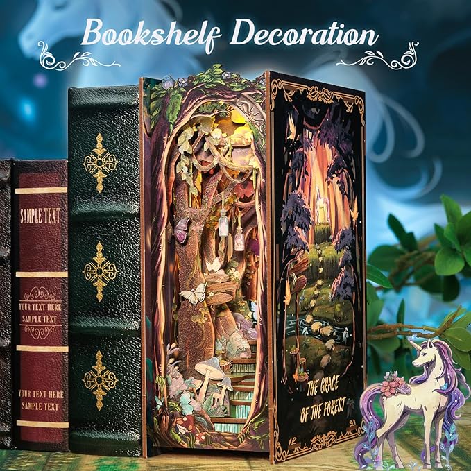 Cutefun Book Nook Kit, DIY Miniature Dollhouse Kit for Adults and Teens, 3D Wooden Puzzle Bookends, Bookshelf Insert Decor w/LED Light Dust Cover, Christmas Birthday Gifts (Forest Unicorn)
