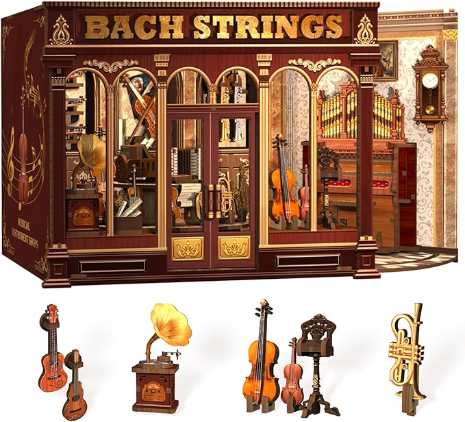 Fsolis Book Nook Kit - DIY Scene Miniature Dollhouse Kit for Adults, Bookshelf 3D Puzzles Booknook Music Tiny House Mini Room Craft Bookshelf Decor Gifts for Women Book Lovers (Bach Strings)