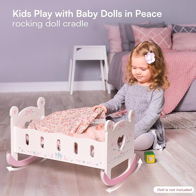 ROBOTIME Baby Doll Crib, Doll Bed for 18–24 Inch Dolls, Wooden Doll Cradle with Mattress, Pillow & Quilt, Pretend Play Doll Furniture Gift for Girls & Boys Ages 3+