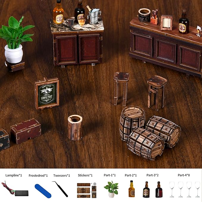 Hallisun DIY Miniature House Kit, Mini 3D Wooden Corner Tavern Building Kit with Furniture and LED, Tiny Diorama Dollhouse Model Set, Handmade House Craft Birthday for Adults Teens