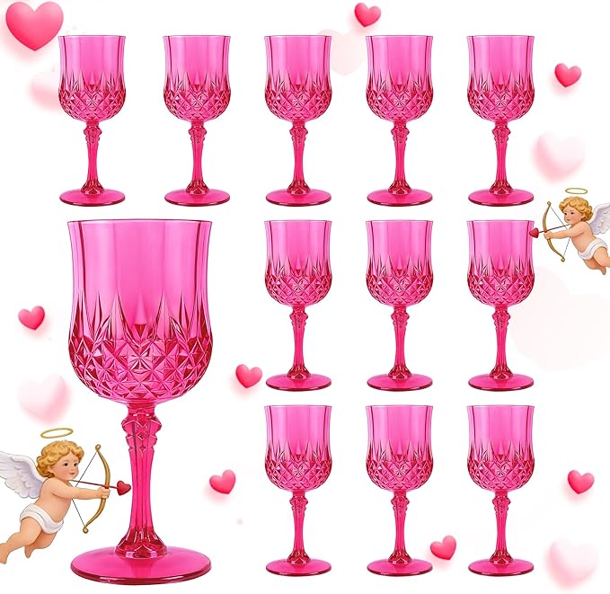 LEYIQU Plastic Wine Glasses, Plastic Goblets Vintage Style Cordial Drinking Glasses for Valentine’s Day, Wedding Reception, Grand Event Party Supplies (12, Hot Pink)
