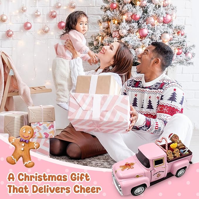 Pink Gingerbread Christmas Decor Vintage Farmhouse Metal Truck with Mini Fake Candy Cookie Box Ginger Bread Man Pastel Gingerbread Christmas Tabletop Decorations for Xmas Tray Holiday Mantel Kitchen