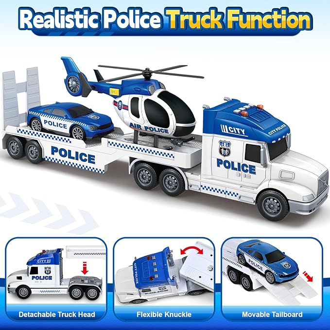 Kids Toys for 3 4 5 6 7 8 Years Old Boys, 27" Police Truck Toy with Racing Car and Helicopter, Toddler Friction Powered Truck Vehicle Toy with Lights, Sounds for Boys Girls Christmas Birthday Gifts