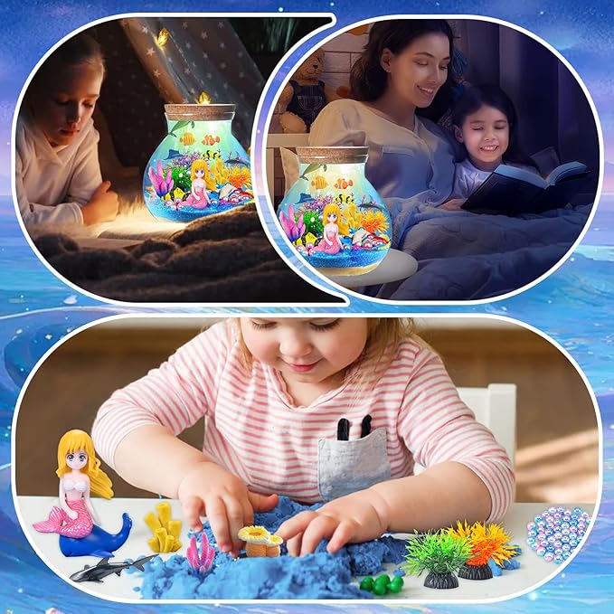 Pamonrueer Mermaid Terrarium Craft Kit with Ocean Animals Plastic Sea Animals Figurines DIY Diorama for Birthday
