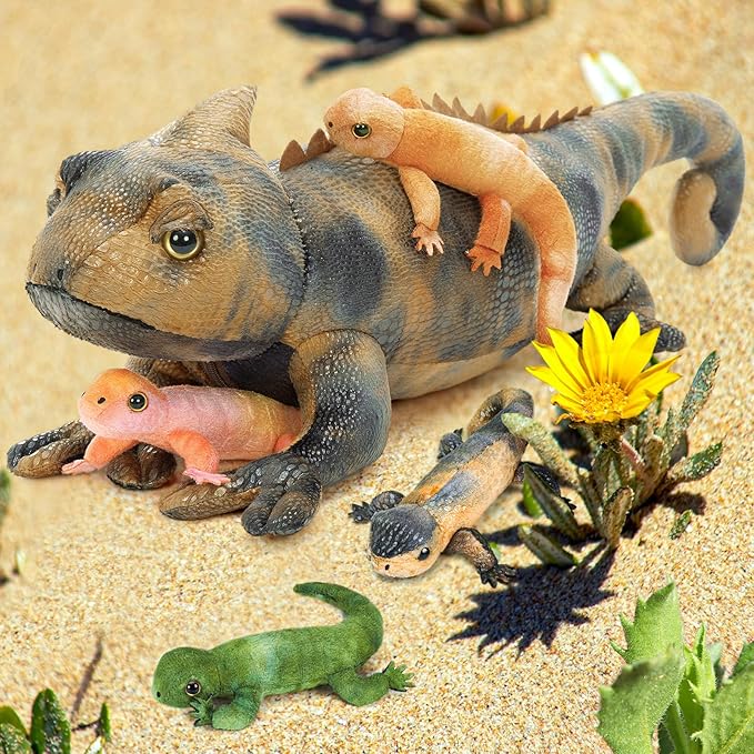 5Pcs Giant Lizard Plush, 27" Mother Iguana Stuffed Animal with 4 Baby Lizard Plushies, Bearded Dragon Plush Toy for Kids Boys Girls, Stuffed Chameleon for Christmas Birthday Gift, Gray