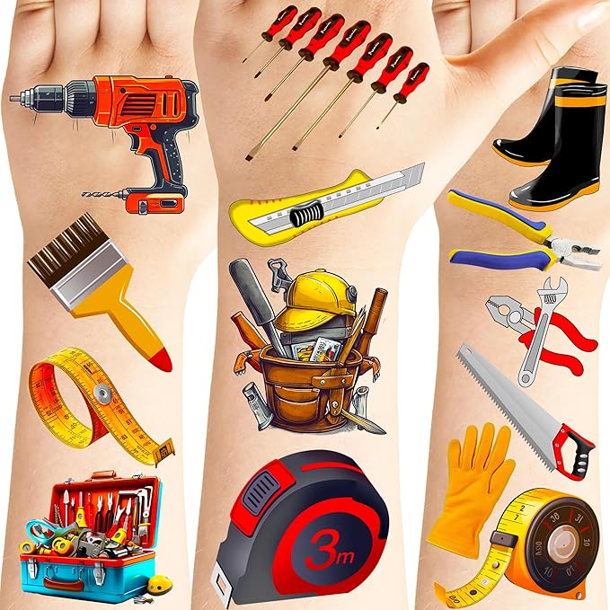 PIBIMoicy 224 Pcs Tools Tattoos Temporary Stickers Maintenance worker Toolbox Mechanic Electrician Great father Party Supplies Decorations Camping Themed Birthday Favors Tattoos