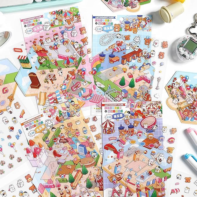 DIY 3D House Sticker, Creative 3D Stickers Scene, Fun 3D House Sticker Set, Decorative 3D Room Sticker, Cartoon 3D Miniature Scene Stickers for Adults Kids to Make Your Own Mini Room Scenes (Set 2)