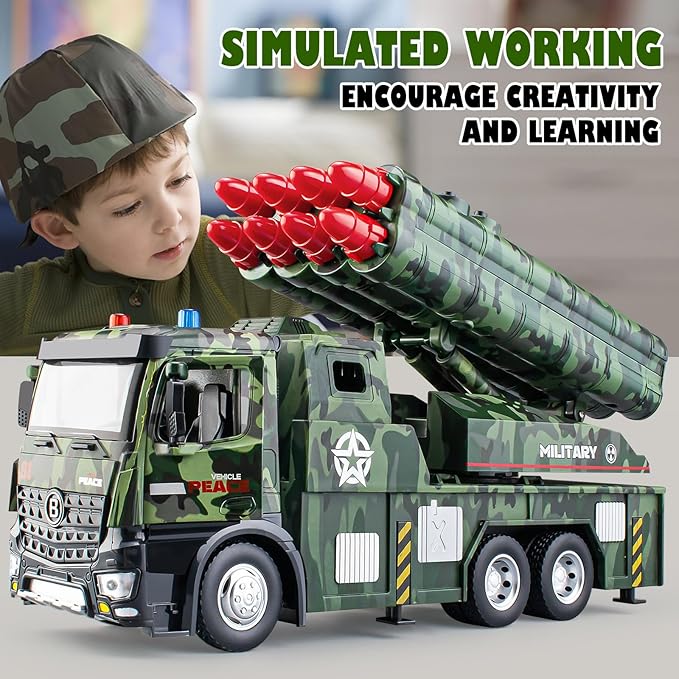 Army Toys for Boys Age 4-7, Military Vehicle Toys with Missile Launcher Metal Cab, Friction Powered Military Truck with 8 Missiles, Lights and Sounds