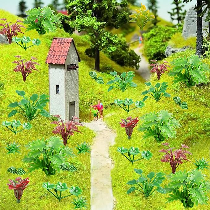 FOIMAS 100pcs Miniature Plant Set - Mini Trees, Flowers, Shrubs for Fairy Garden, Diorama, Train Scenery, Sand Architecture Model Craft Supply
