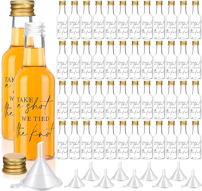 Bokon 50 Pcs Mini Wedding Liquor Bottles Take a Shot We Tied The Knot Shot Glasses for Guests 1.7 Fl Oz/ 50 ml Plastic Reusable Empty Bottle with Cap Funnel Acrylic Mini Glasses for Bridal (Gold)