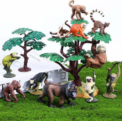 16Pcs Monkey Animal Figures Set, Assorted Wild Primate Toys with Sloth, Mandrill, Ring-Tailed Lemur Gorilla and Trees for Kids Educational Birthday Cake Decoration Party Favor School Projects