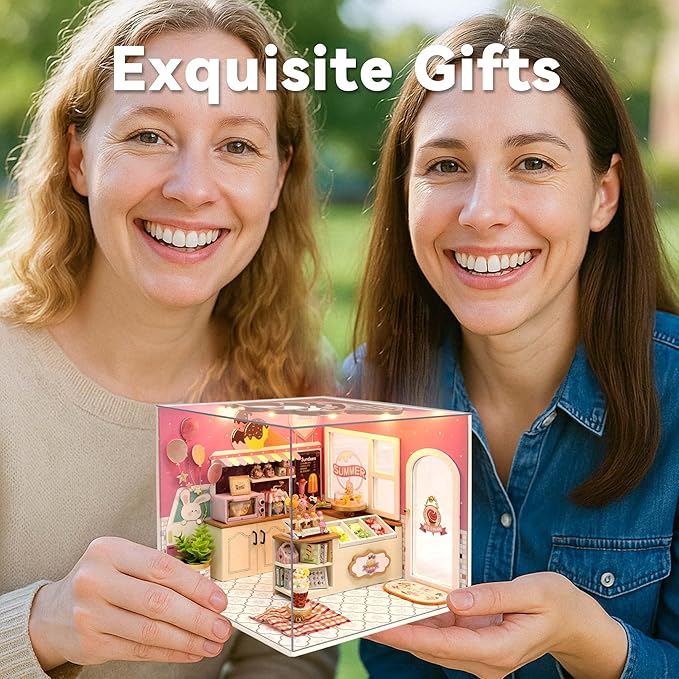Flever DIY Miniature House Kit, Tiny Home Kit with LED Light, Mini House Build Craft Kits for Adults and Teens, Home Decor Creative Gift for Family/Friends (Happiness ice Cream Shop)