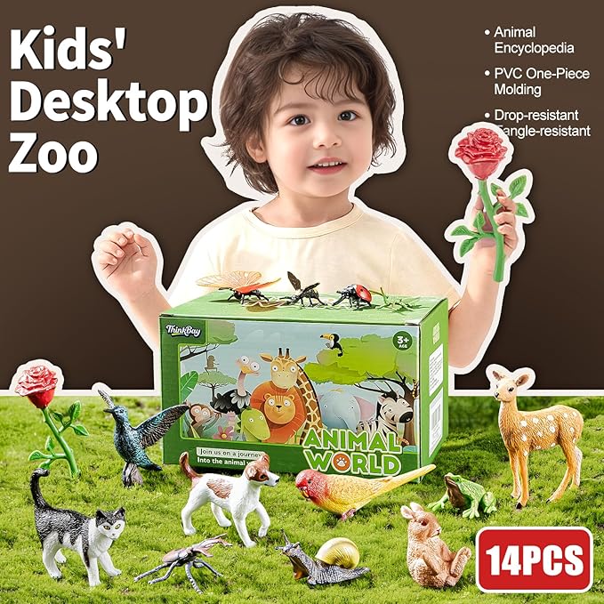 Realistic Animal Figurines Set,14PCS Assorted Insects, Birds, Mammals & Reptiles Figures for Kids Nature Exploration, Science Educational Toys, Desktop Decor, Learning Toy, Sensory Toys