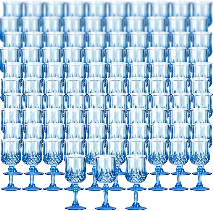 XKXKKE 100 Pcs Blue Plastic Wine Glasses, Plastic Water Goblets for Parties, Stemmed Drinking Glasses for Wedding Reception, Grand Event Party Bar Supplies Reusable Drinking Cups