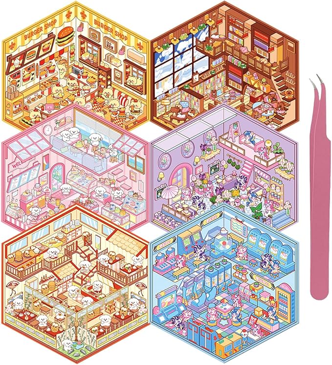 DIY 3D House Sticker, Stocking Stuffer, 6 Sets of Sticker Make Your Own Mini Shop Scenes Stickers for Kids Kawaii Cartoon Scene Stickers for Adult Relief Stress, Holiday & Christmas Fun
