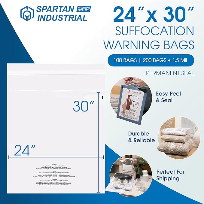 Spartan Industrial - 24" X 30" (200 Count) Self-Seal Clear Poly Bags With Suffocation Warning for Packaging, Shipping, Decor - Permanent Adhesive