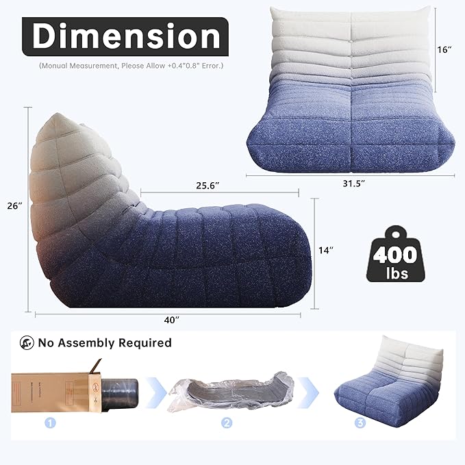 Memory Foam Bean Bag Chair for Adults, Teddy Material Beanbag Sofa with Filler, Cozy Floor Lounge Seat for Living Room, Bedroom, Dorm, Office (Blue White)