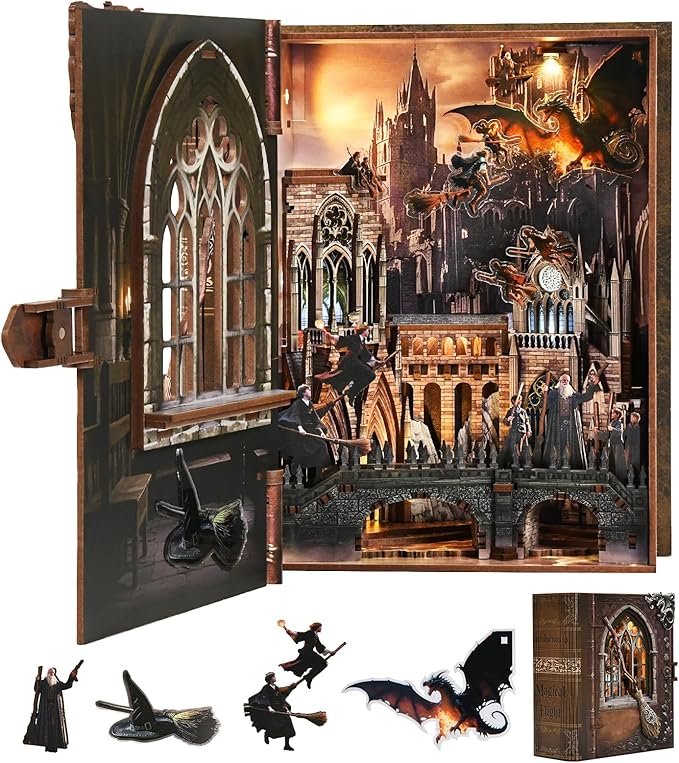 Magic Book Nook Kit - DIY Miniature House Kit for Adults Teens, 3D Wooden Puzzle, Dollhouse Booknook Tiny House Bookshelf Decor, Gifts for Family, Friends (Introduction to Magical Flight)