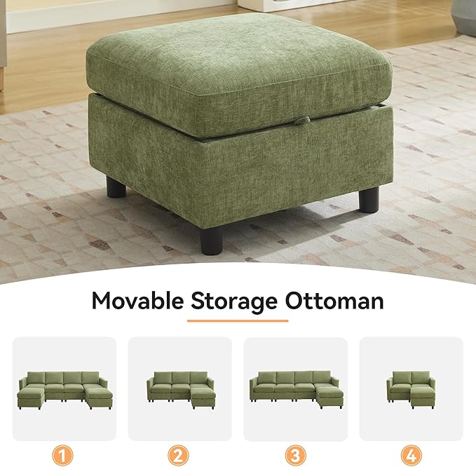 25" Square Storage Ottoman for Modular Sectional Sofa, Convertible Couch Footrest with Hidden Compartment, Chenille Upholstered Coffee Table & Extra Living Room Seating, Green