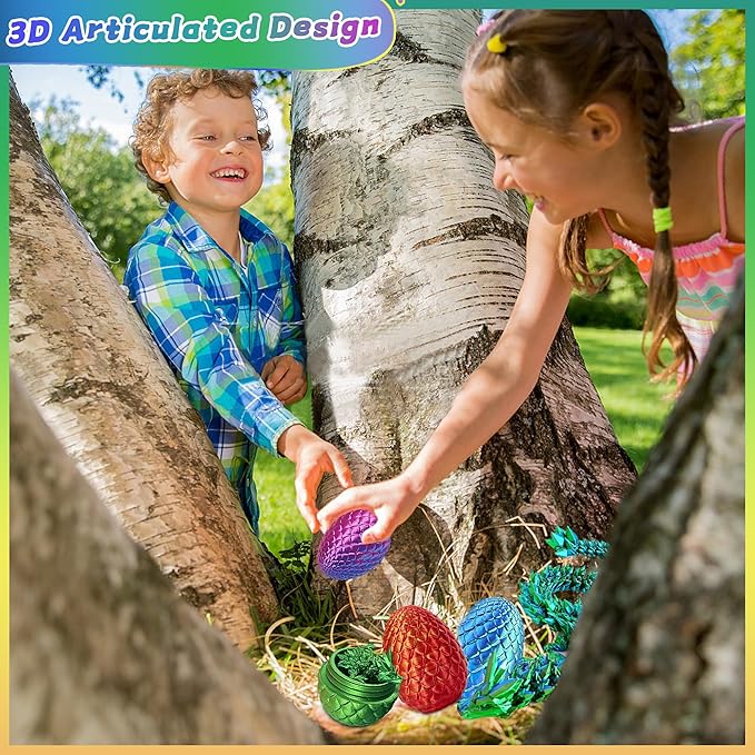 JOD® 4PCS 3D Printed Dragon Eggs with Dragon Inside – Articulated Fidget Toys, Easter Dragon Eggs, Mystery Surprise Easter Eggs for Kids, Unique 3D Printed Animals, Home Decor and Gift Set(A)