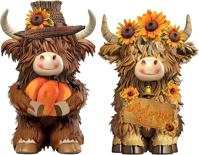 2 Pack Fall Thanksgiving Decor Highland Cow Resin Figurine Fall Pumpkin Flower Highland Cow Gnomes Scottish Resin Statue Calf Lovers Gifts for Autumn Home Garden Kitchen Office Tiered Tray Table Decor