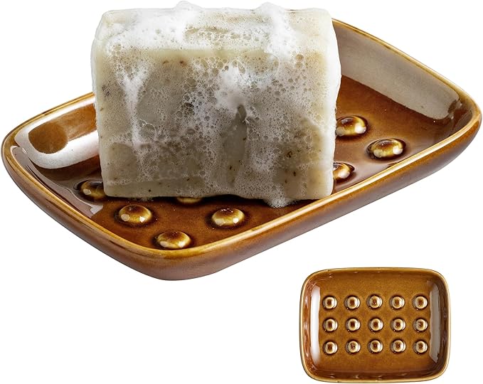 Soap Dish for Shower, Ceramic Soap Dish for Bar Soap Sponge, Soap Holder Saver Tray for Bath Kitchen Sink Bathtub, Farmhouse Decor, Raised Pattern - Keep Soap Dry, Dark Brown