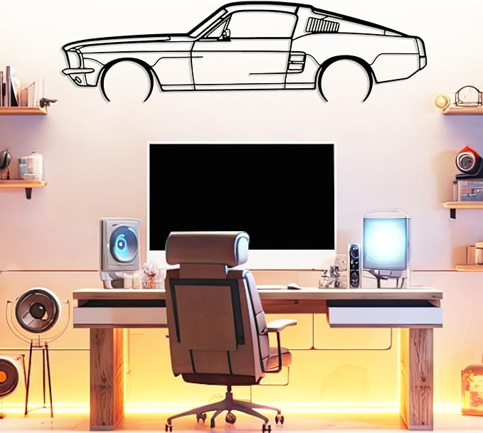 DecoSoul Mustang Metal Car Wall Art, Sports Car, Automotive Silhouette Line Decoration, Minimalist Sculpture for Garage, Indoor Outdoor Wall Hanging, Gift for Boyfriend (Black - 25 x 6.9” inch)