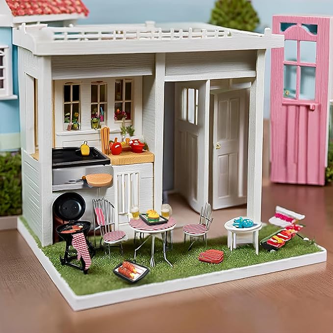 Dollhouse Furniture - Dollhouse Kitchen Miniature BBQ Grill Oven & Dollouse Accessories Table Chairs with Fake Food Scene Model for 1/12 Doll House