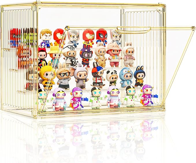 Clear Yellow Acrylic Figure Display Case for Collectibles 4 Layer Hobby Figurine Display Shelf Cases Stackable Display Boxes with Shelves for Pop Mart, Action Figures, Model, 2 Pack
