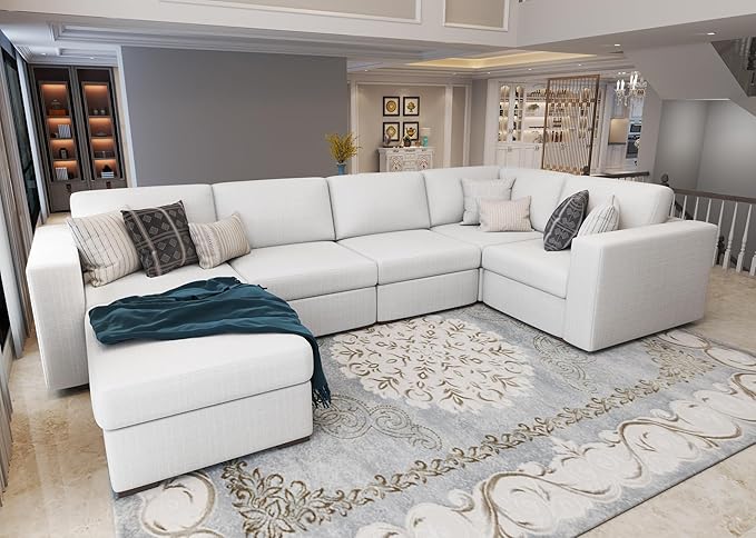 Sectional Couches for Living Room - Modular L Shaped Couch with Ottoman - Beige U Shape Sofa Furniture Set 6 Piece Modern Upholstered Oversized Daybed Sleeper Sofas