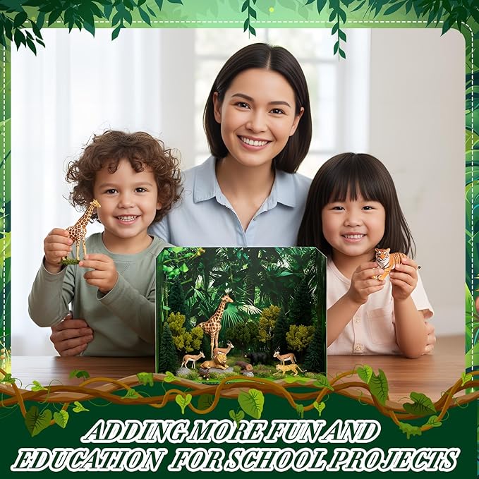 AmazingSpark 4 Set Rainforest Style Diorama Box and Fake Grass Decor, Rainforest Diorama Project Supplies Set, Cardboard Display Case Kit & Artificial Grass with Double Sided Tapes for DIY Crafts Toys