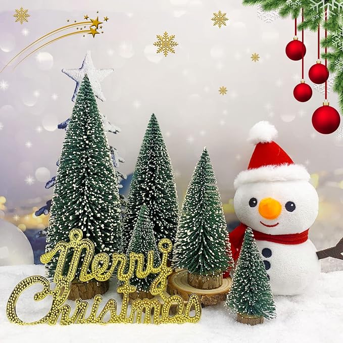 Mini Christmas Tree Small Christmas Tree Desktop Miniature Pine Tree Sisal Bottle Brush Trees with Wooden Base for Christmas Decor Christmas Party Home Table Craft Decorations