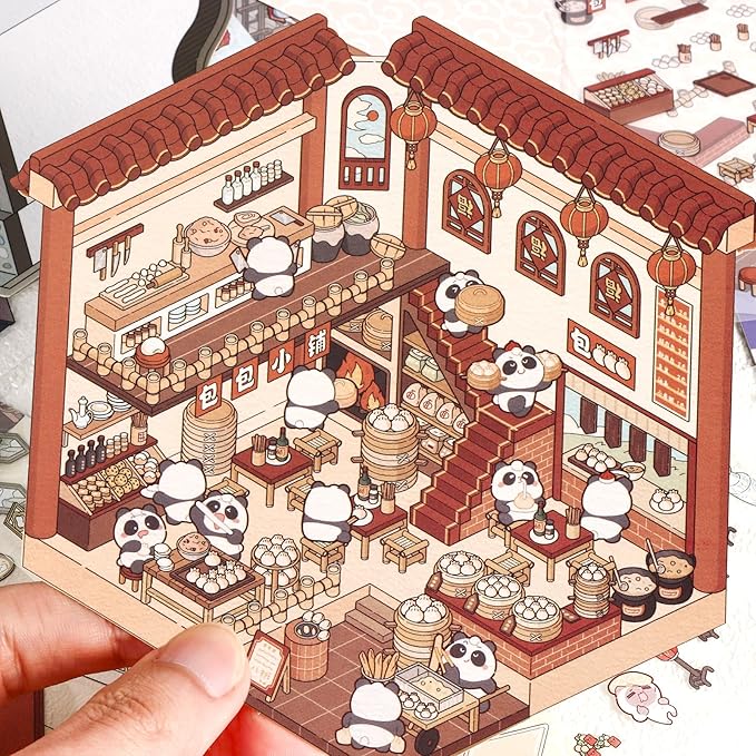 DIY 3D House Stickers, 4 Set Fun DIY Stickers Scene Make Your Own Warm Home, Supermarket, Coffee Shop, Music Bar, Cute 3D Cartoon Scene Stickers for Adult Kids Relief Stress Pass The Time (XM3.0)