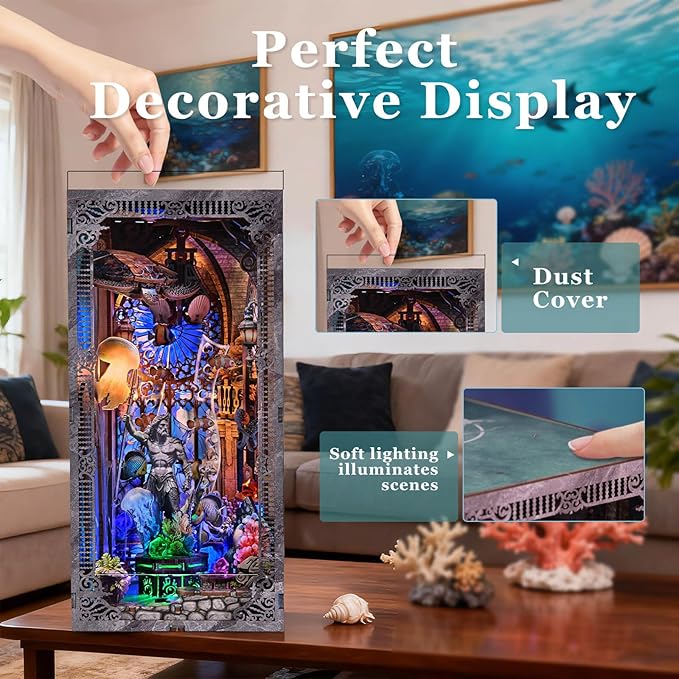 Book Nook Kit - Atlantis DIY Miniature House Dollhouse Kit for Adults and Teens, 3D Wooden Puzzle Bookend Bookshelf Insert Decor with LED Light, Gifts for Family and Friends