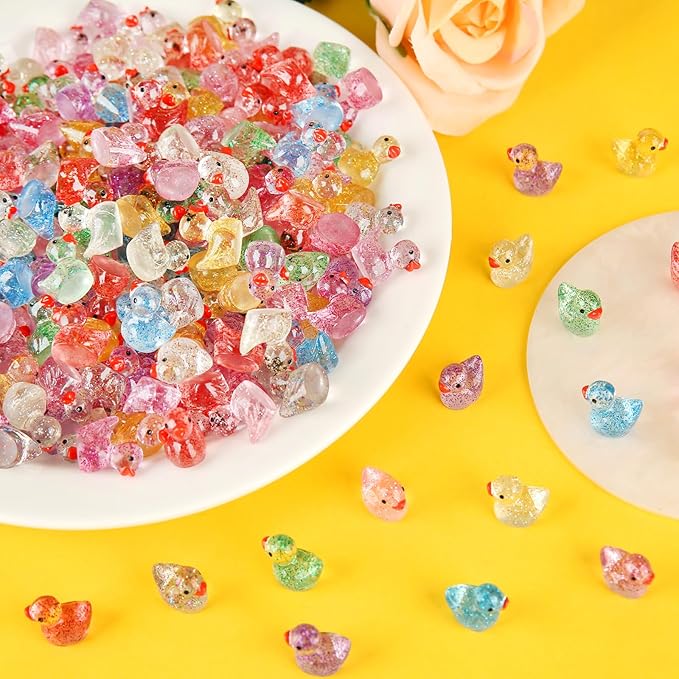 240 Pcs Glitter Mini Resin Ducks, Colorful Tiny Small Plastic Ducks Figures to Hide Little Resin Animals Bulk for Miniature Landscape Aquarium Potted Dollhouse Fairy Garden Accessories Decorations