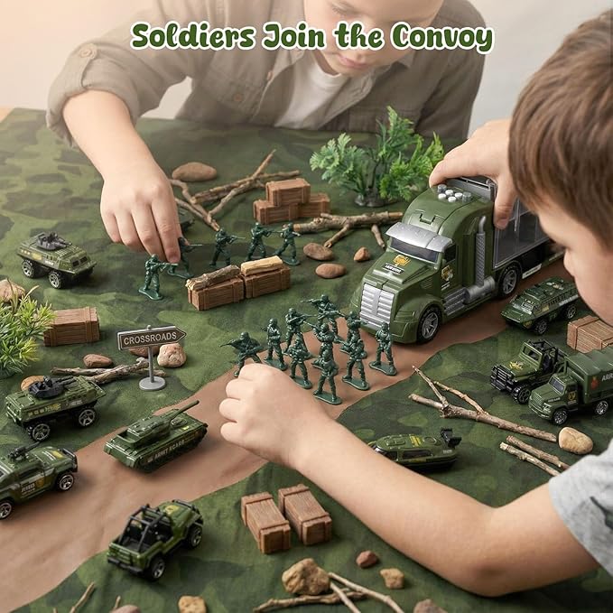 LovesTown 25 in 1 Green Military Big Truck Toys, Army Men Carrier Truck with Tanks & Soldier Men, Battle Vehicles with Lights and Sounds, Birthday Gifts for Boys
