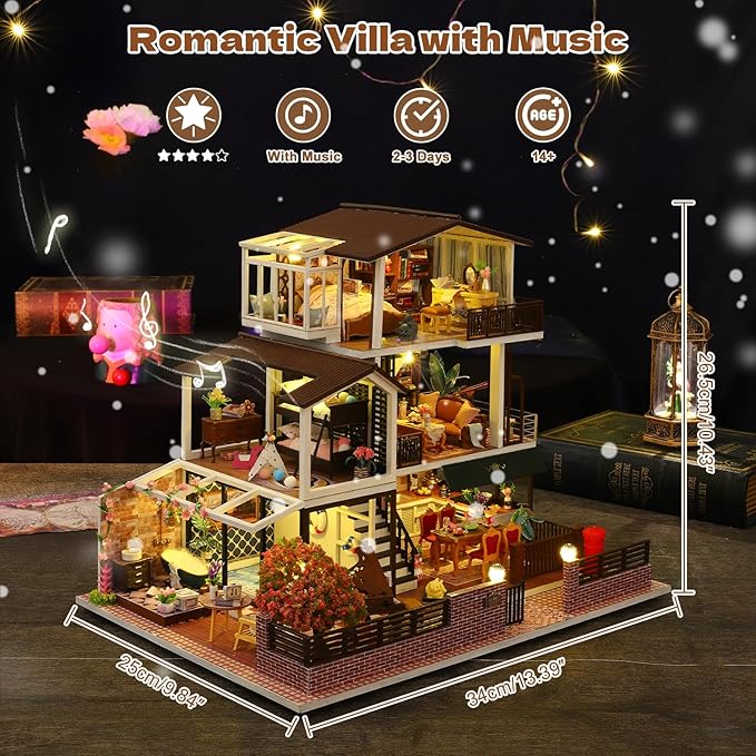 DIY Miniature House Kit, Tiny 3D Wooden European Retro Villa, Mini Dollhouse Building Kit with Dustproof Cover & Music Movement, Creative House Craft for Adults, Gift for Family and Friends