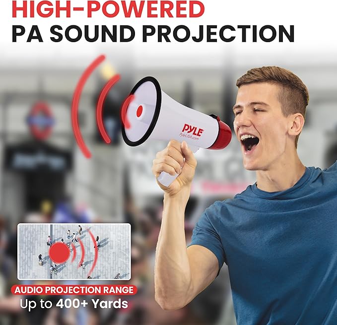 Pyle 20W Megaphone Bullhorn - 5.4'' x 8.6'' Portable Megaphone, Projection Range Up to 1100 Sq. Yards, Voice Talking & Siren Alert, Shoulder Strap, Battery Operated, (White)