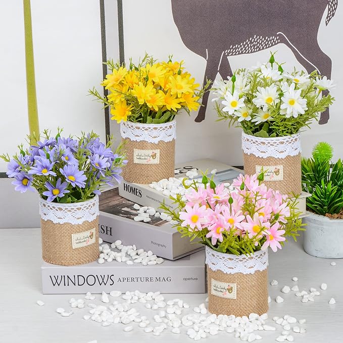 XONOR Artificial Flowers - Set of 4 Mini Fake Potted Silk Daisy Flowers for Home Decor Wedding Office Tabletop Decoration