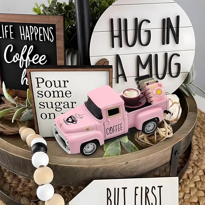 Coffee Decor for Coffee Bar Vintage Metal Truck with Mini Fake Books and Coffee Farmhouse Pink Christmas Tiered Tray Decor Coffee Station Tabletop Coffee Ghost Sign Rustic Coffee Table Centerpiece